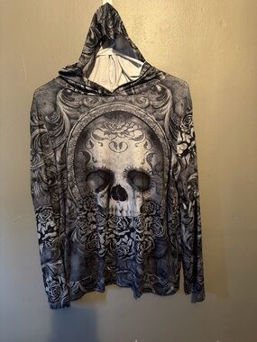 Source Unknown Black & Gray Skull Graphic Long Sleeve Hoodie